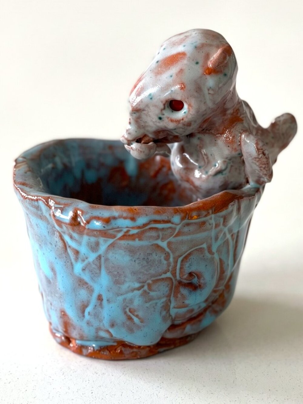Signed RM Handmade Studio Pottery Whale Planter Bowl Blue Drip Glaze